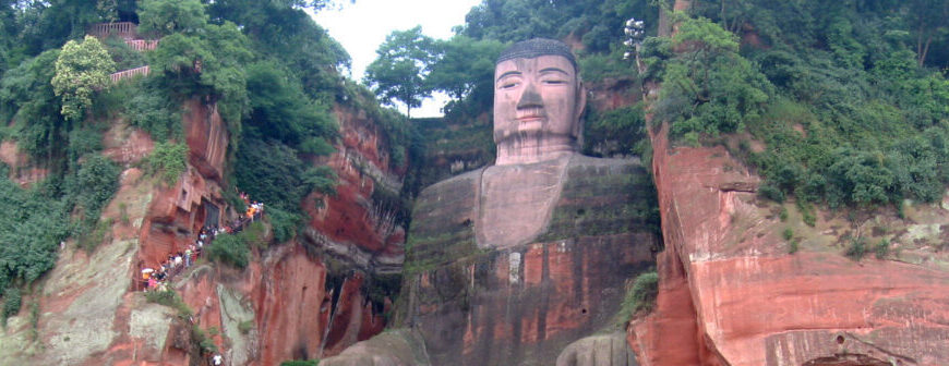 A full view of the giant stone-carved statue of Maitreya Buddha of Leshan, Sichuan, China.